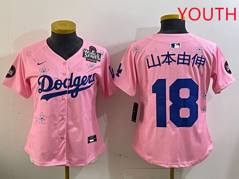 Youth Los Angeles Dodgers #18 Yamamoto Pink Sakura Edition 2025 Nike MLB Jersey style 3->women mlb jersey->Women Jersey